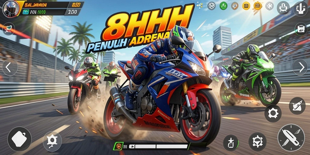 Screenshot gameplay 8HHH yang menampilkan balapan motor yang mendebarkan.