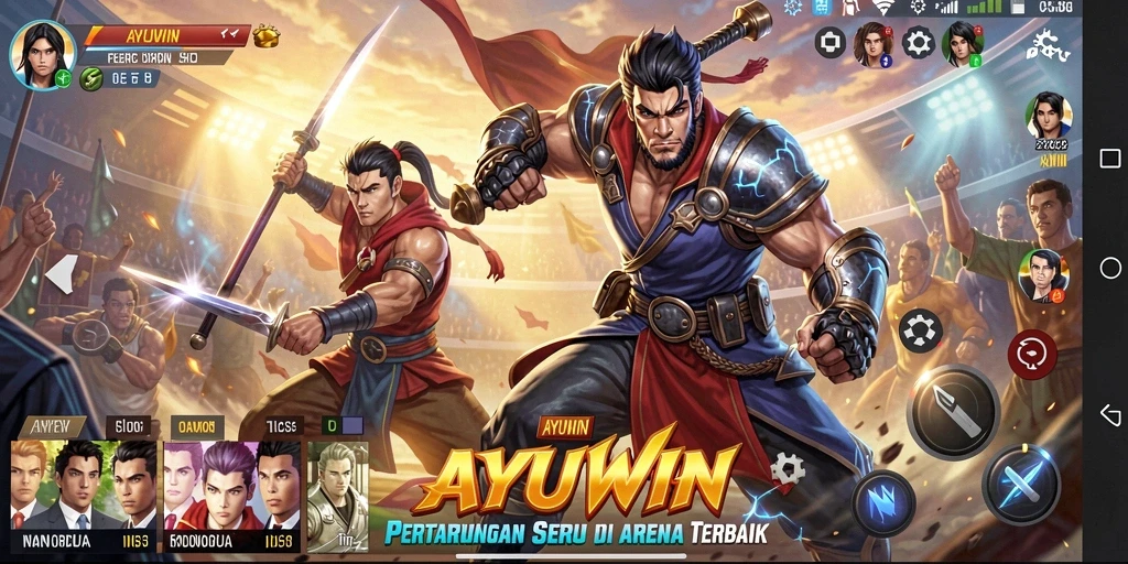 Tangkapan layar AYUWIN menunjukkan pertarungan seru di arena yang memukau.