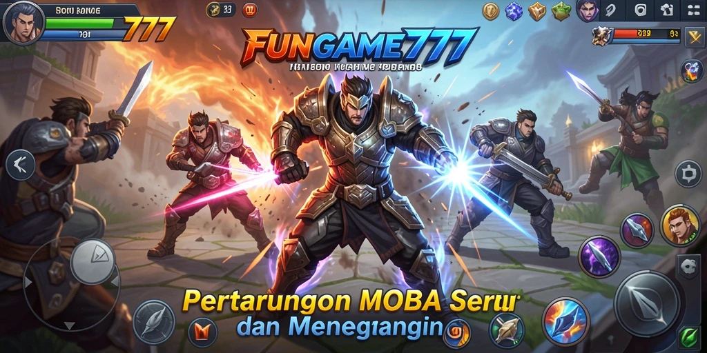 Tampilan gameplay seru FUNGame777 dalam aksi pertarungan MOBA.