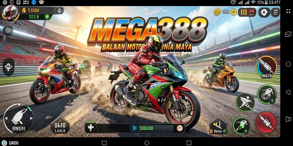 Tampilan screenshot utama MEGA388 dengan aksi balapan motor yang seru.