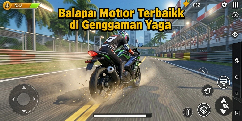 Screenshot gameplay N32 menampilkan aksi balapan motor yang mendebarkan.