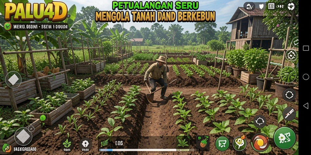 Screenshot PALU4D menampilkan kebun yang subur dan aktivitas pertanian.