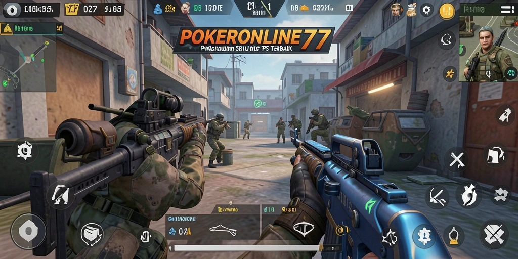 Screenshot gameplay POKERONLINE77 yang menampilkan aksi tembak-menembak yang intens.