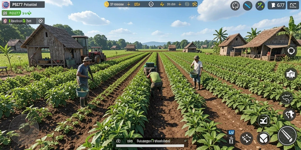 Tampilan gameplay menarik di PSG77 dengan ladang dan hewan ternak.