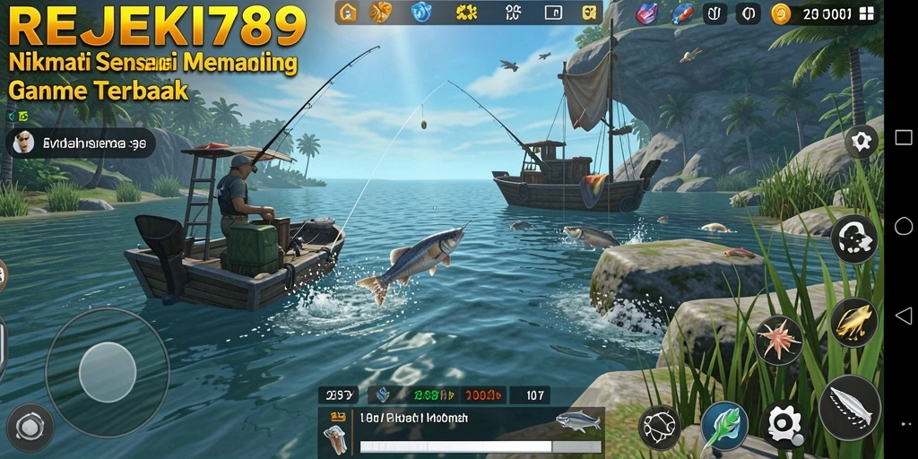 Screenshot utama REJEKI789 yang menunjukkan gameplay memancing yang seru.