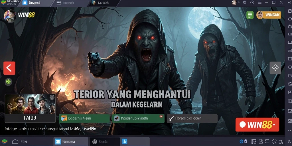 Screenshot gameplay <strong>WIN88</strong> menampilkan suasana mencekam di dalam rumah angker.